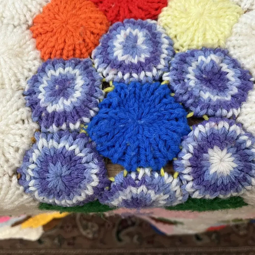 Vintage Grandmother's Flower Garden Crochet Afghan Blanket 79” x 84” Thick